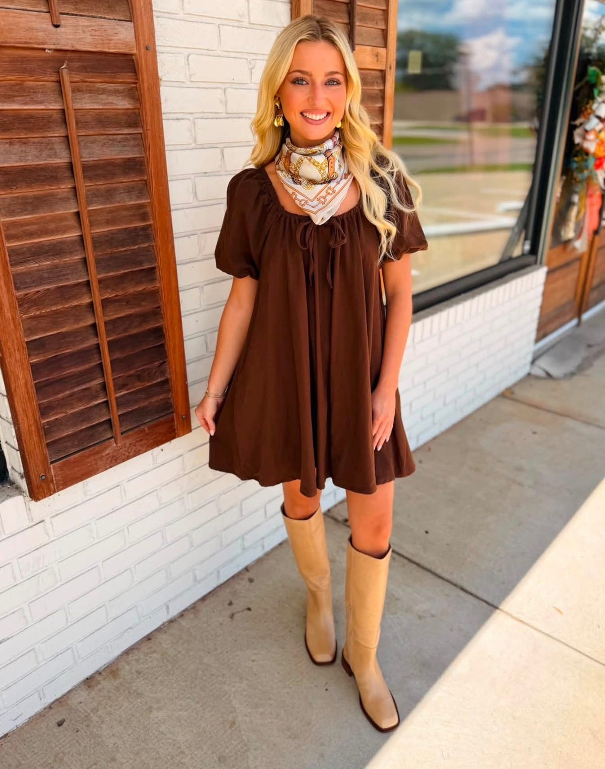 Scoop Neckline Puff Sleeve Babydoll Mini Dress