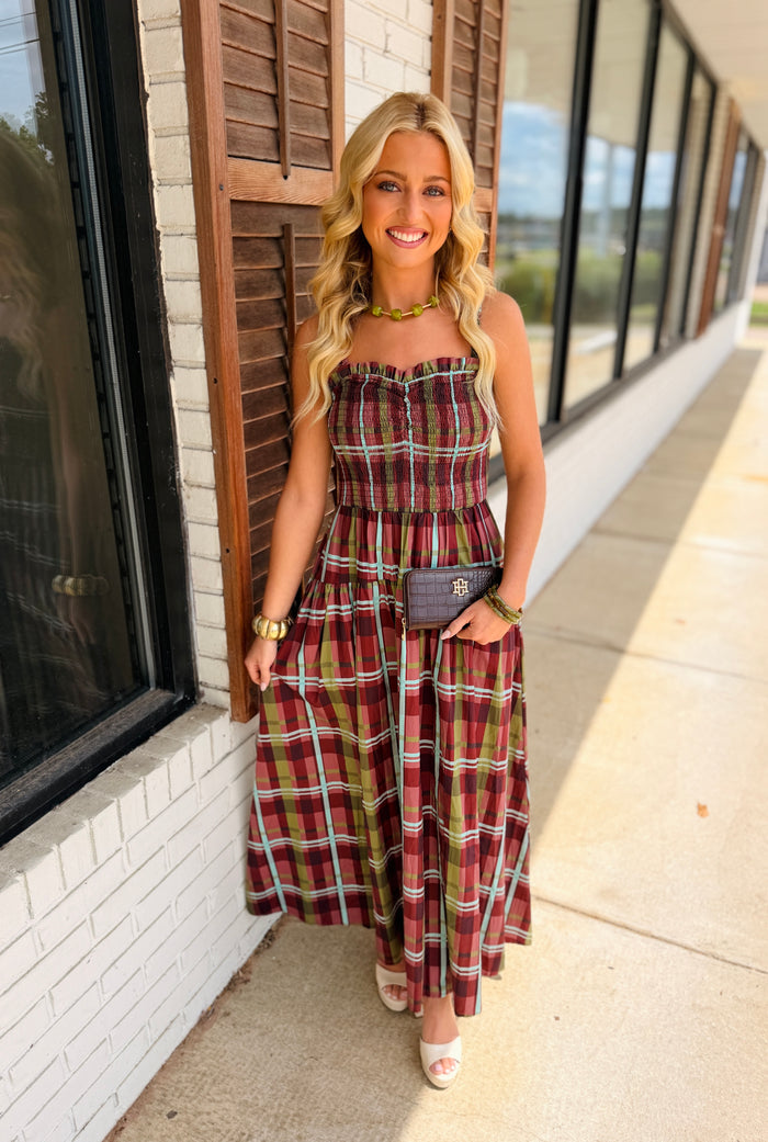 Plaid Smocked Tiered Maxi Dress