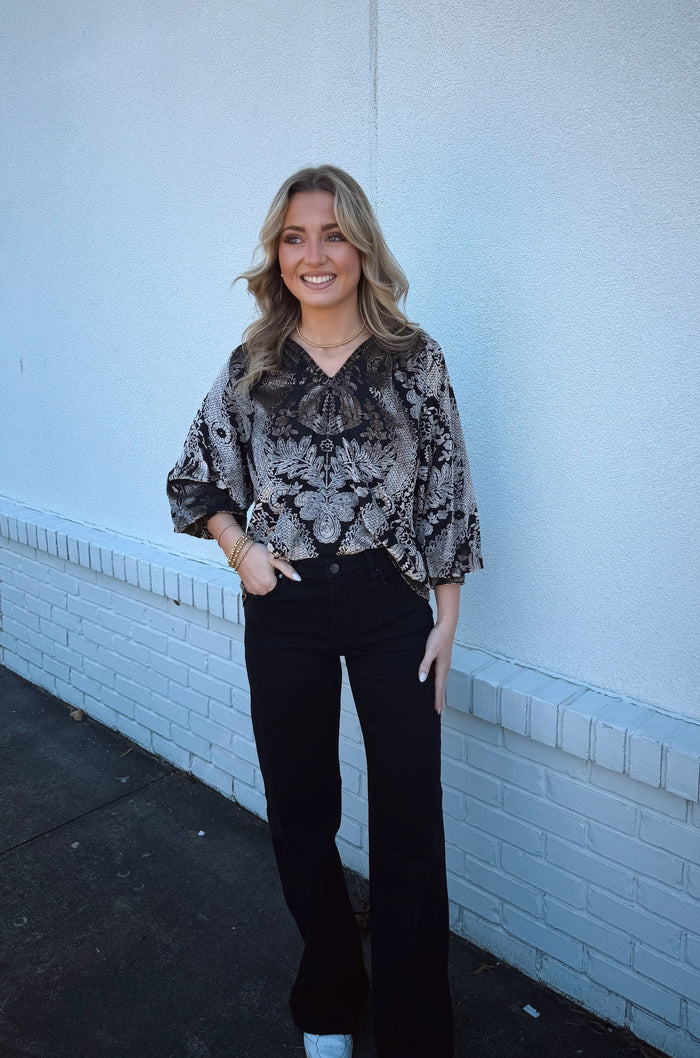 Damask Print Velvet Split Neck Top