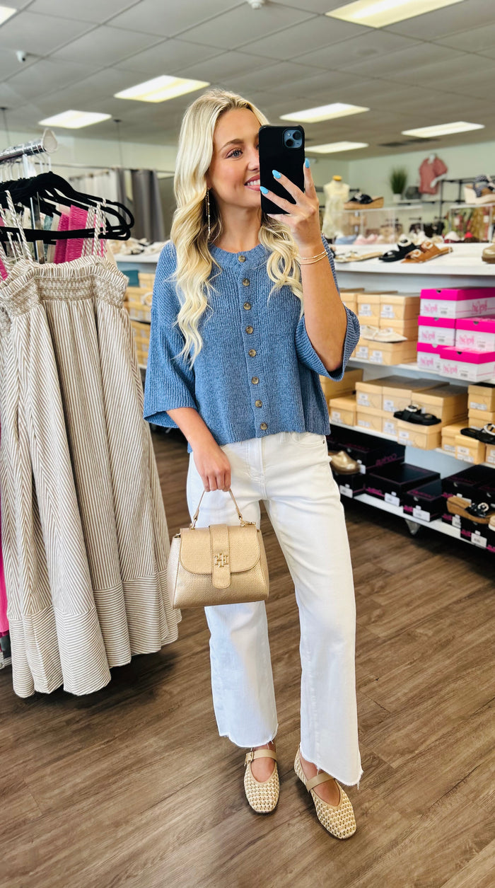 Boxy Short Sleeve Button Down Knit Cardigan