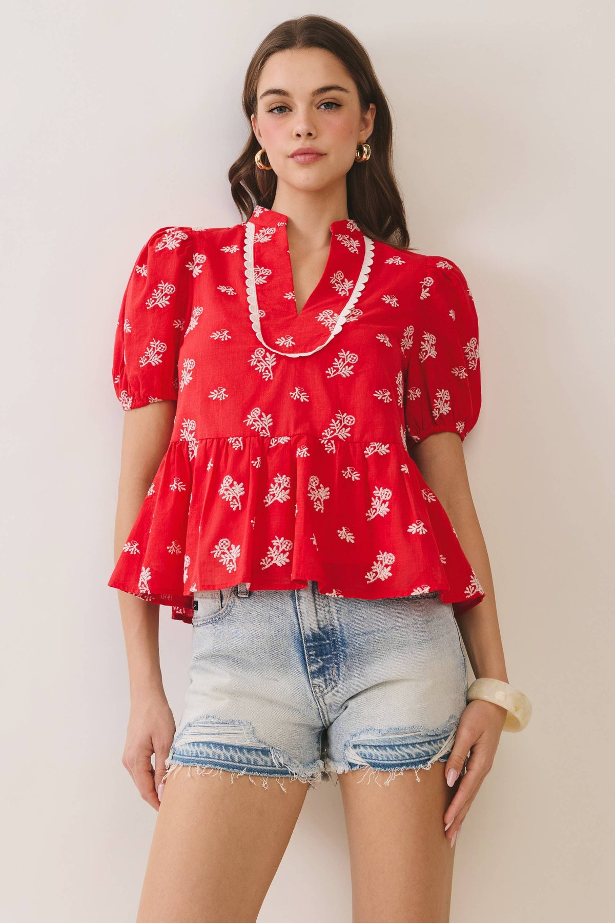 Printed Split Neck Peplum Puff Sleeve Top