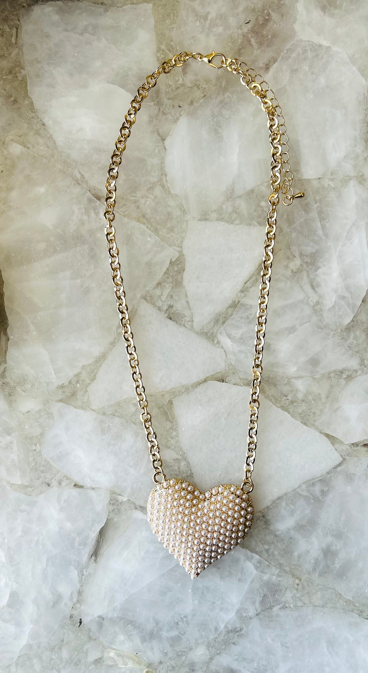 Caroline Hill Cocos Pearl Pave Heart Necklace Gold