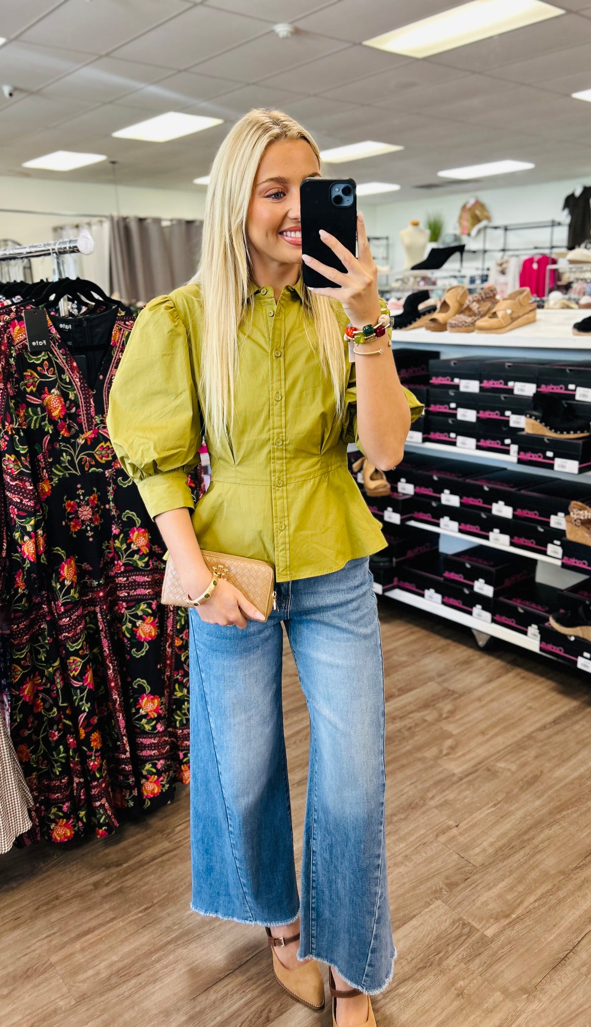 Button Down Flared Peplum Hem Blouse