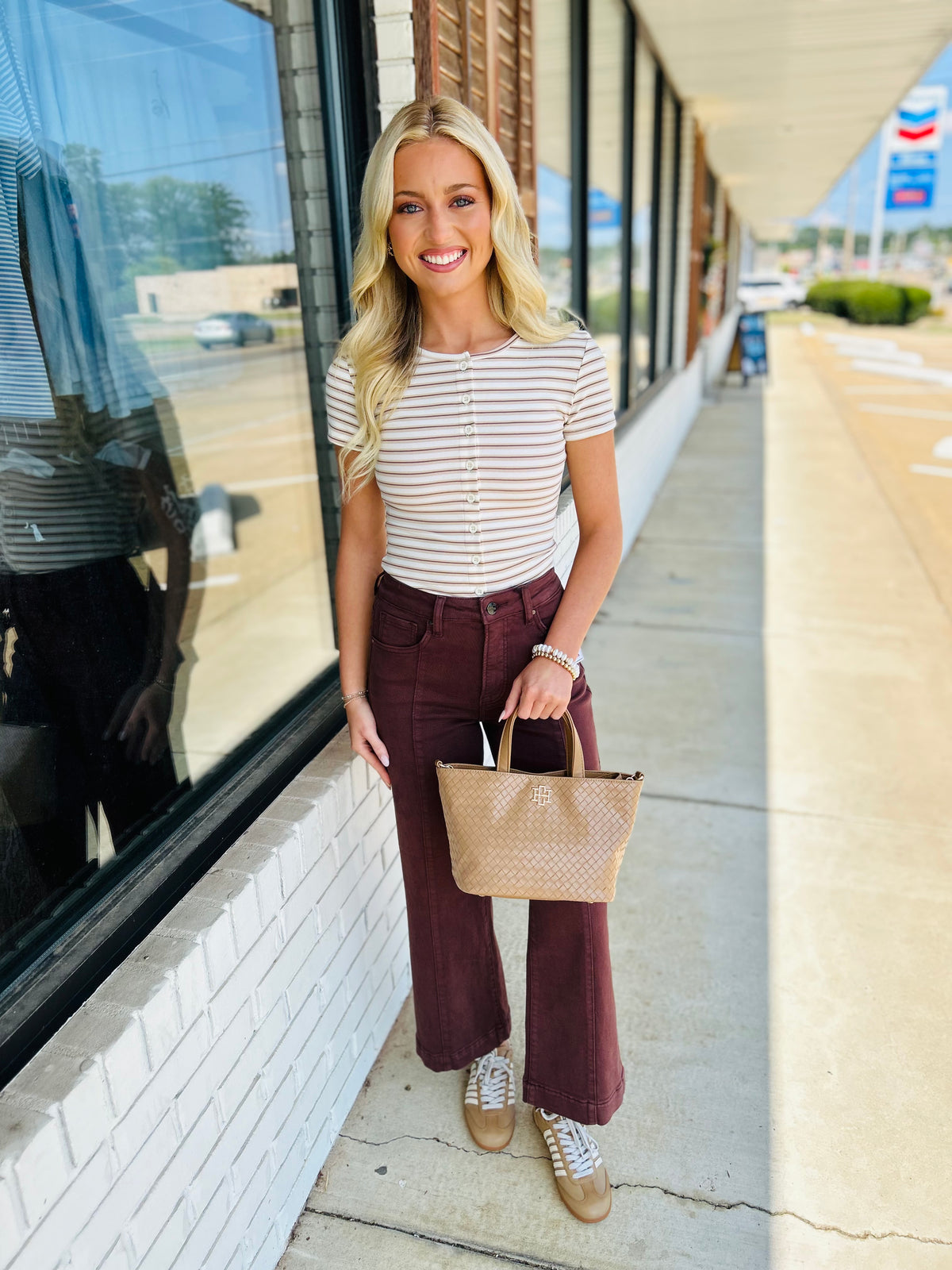 Multi-Color Stripe Short Sleeve Button Knit Top