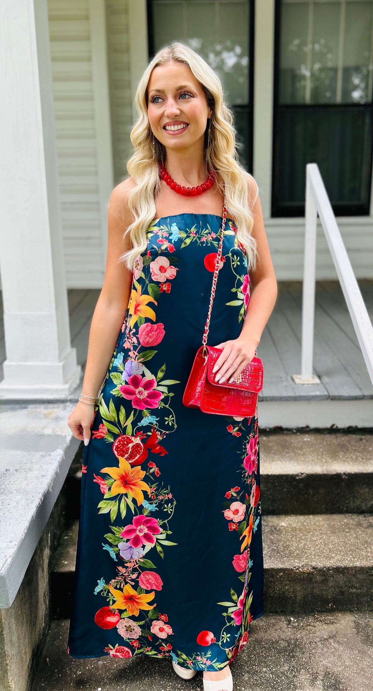 Botanical Border Print Strapless Maxi Dress