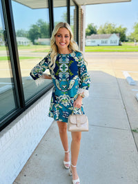 Floral Print Feather Trim Detail Mini Dress