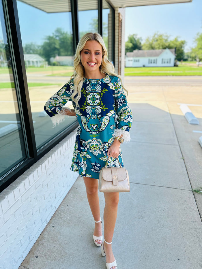 Floral Print Feather Trim Detail Mini Dress