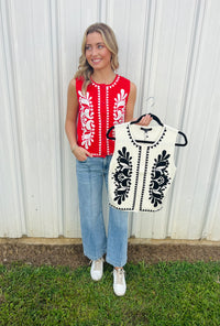 Embroidered Sleeveless Knitted Vest Top