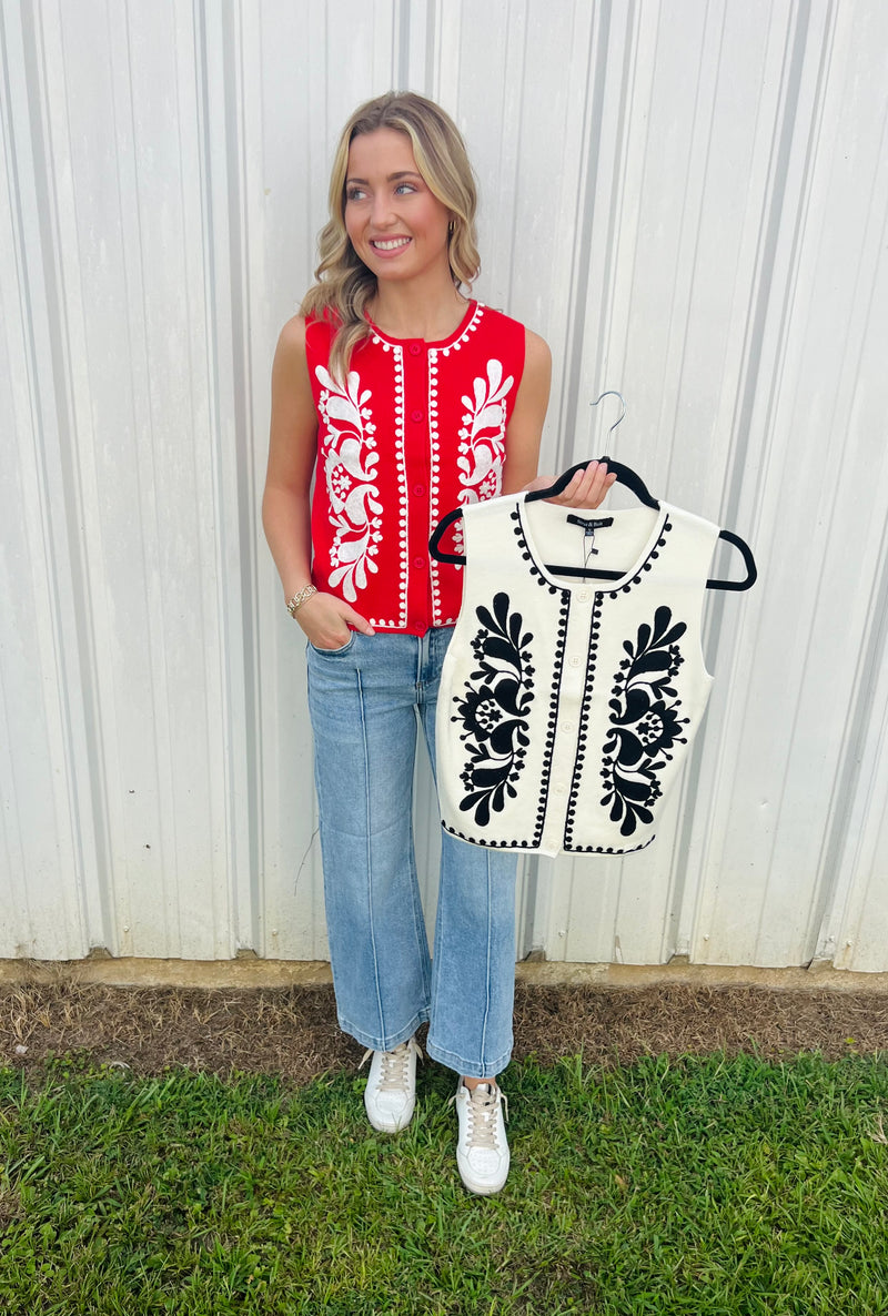 Embroidered Sleeveless Knitted Vest Top