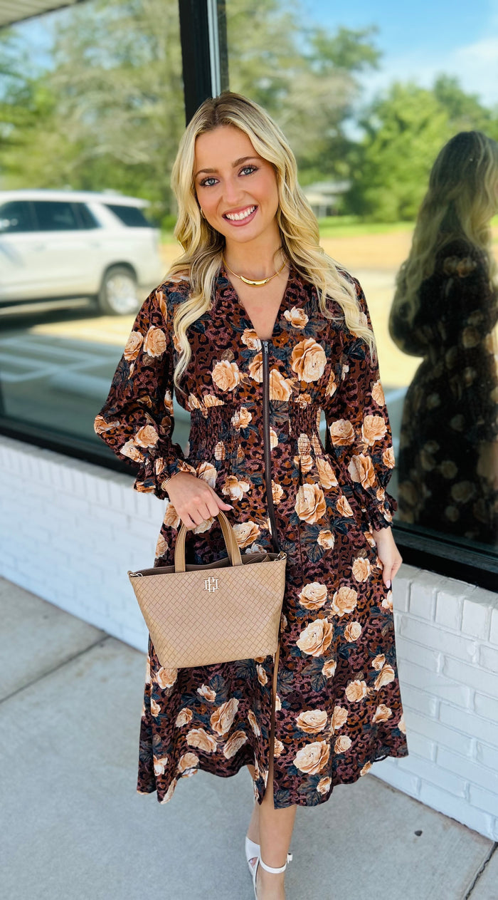 Bold Print Front Zip Closure Cinched Waist Midi Dress