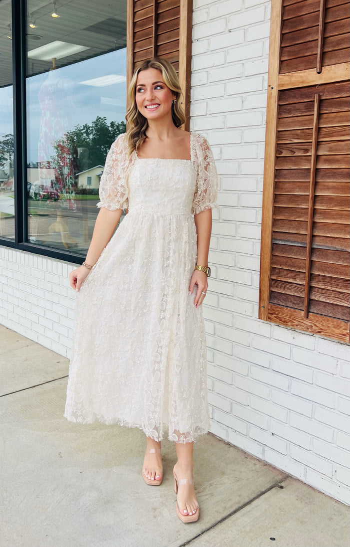 Textured Sheer Floral Sequin Mixed Midi Dress