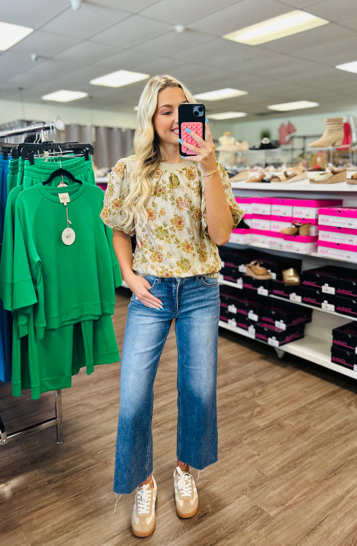 Ribbed Knit Band Floral Embroidered Top