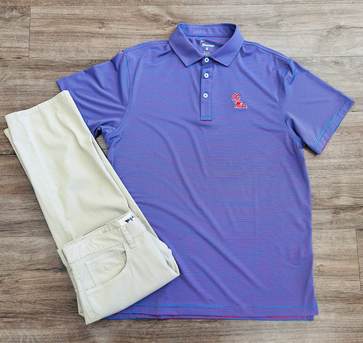 Bluecrest University Stripe Performance Polo Ole Miss Stacked Script