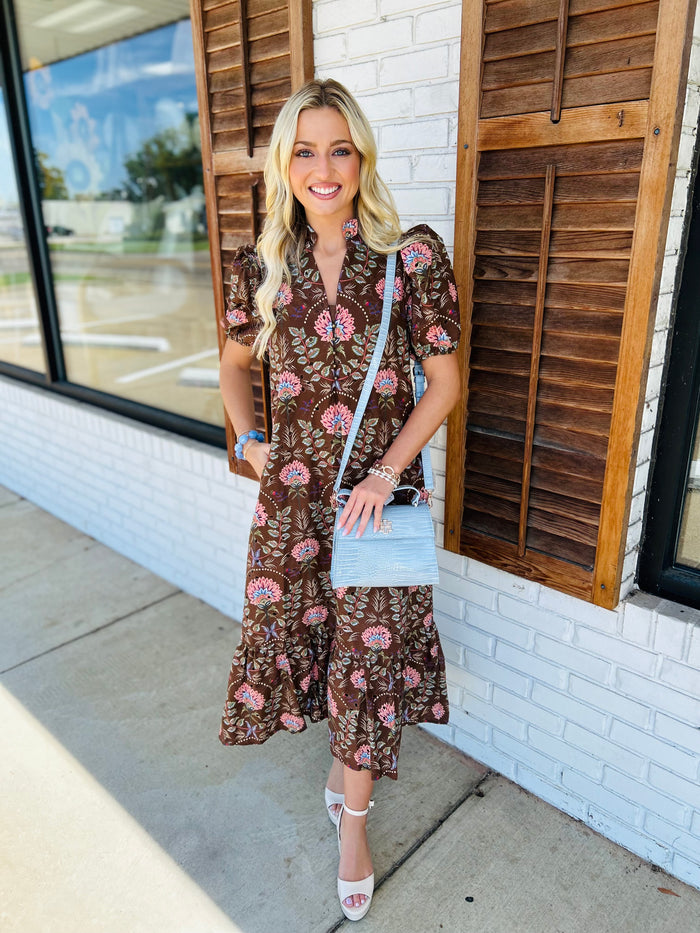 Floral print short puff sleeve midi dress