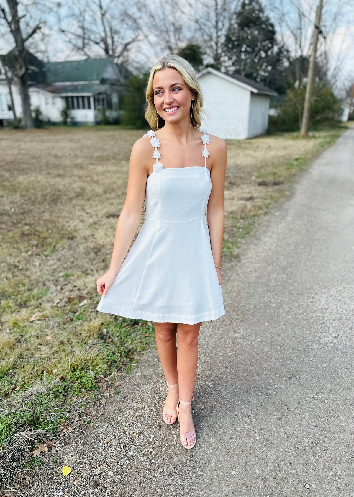 3d Rosette Shoulder Trim Linen Mini Dress