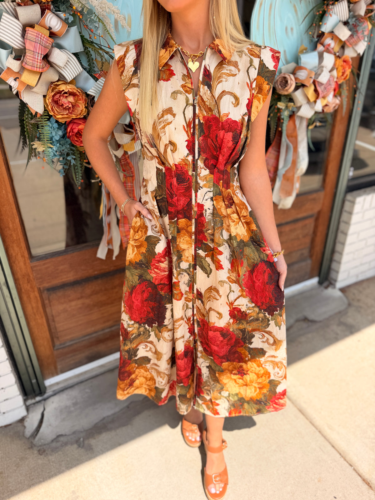 Floral Zip Front Midi Dress