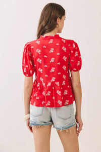 Printed Split Neck Peplum Puff Sleeve Top