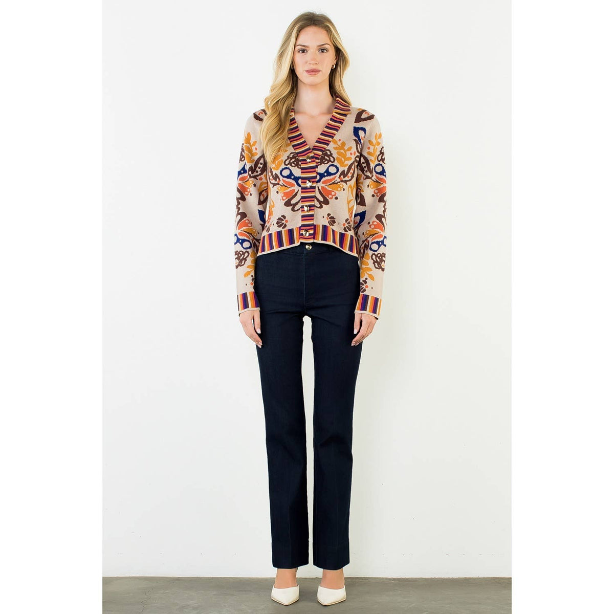 Floral V-Neck Cardigan With Gold Buttons