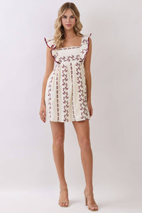-Embroidered Flutter Sleeve Babydoll Mini Dress