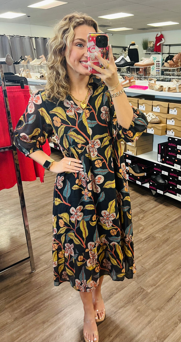 Mixed Floral Print Tiered Midi Dress