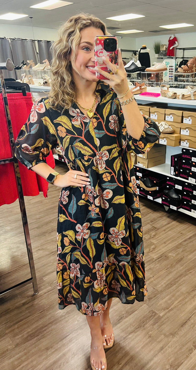 Mixed Floral Print Tiered Midi Dress