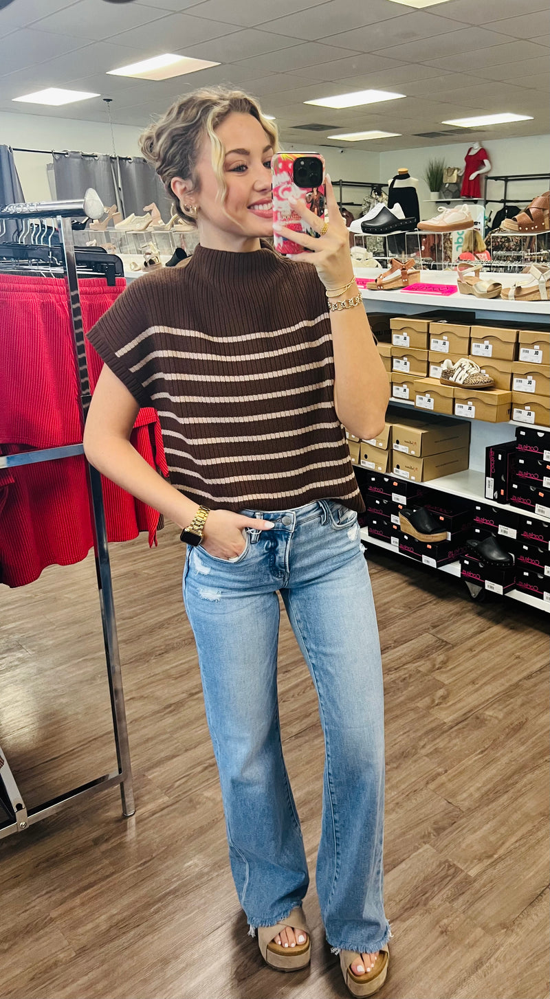 Stripe Mock Neck Short Sleeve Knit Sweater