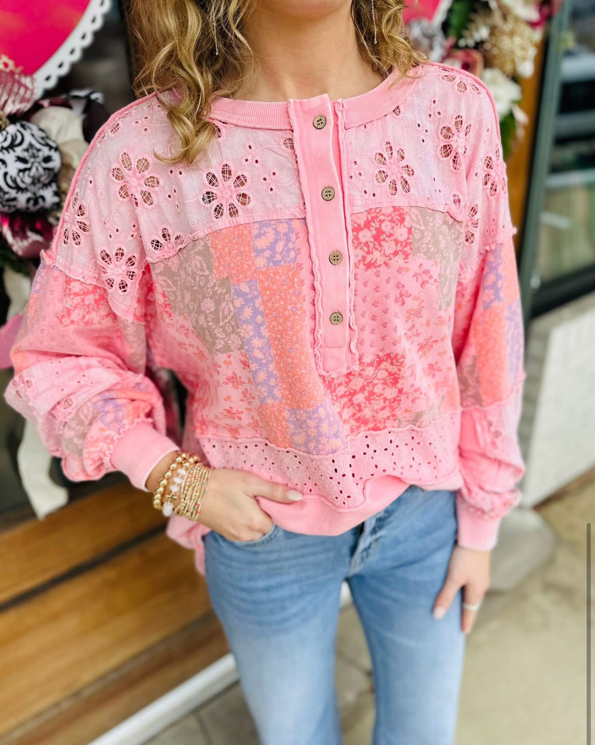 PRINT MIX BUTTON FRONT WASHED TOP