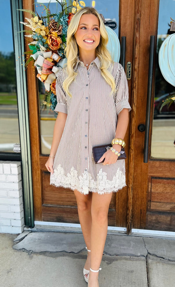 Stripe short puff sleeve mini dress featuring lace trim.