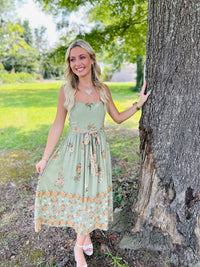 Floral Border Pattern Belt Strap Midi Dress