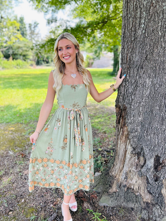 Floral Border Pattern Belt Strap Midi Dress