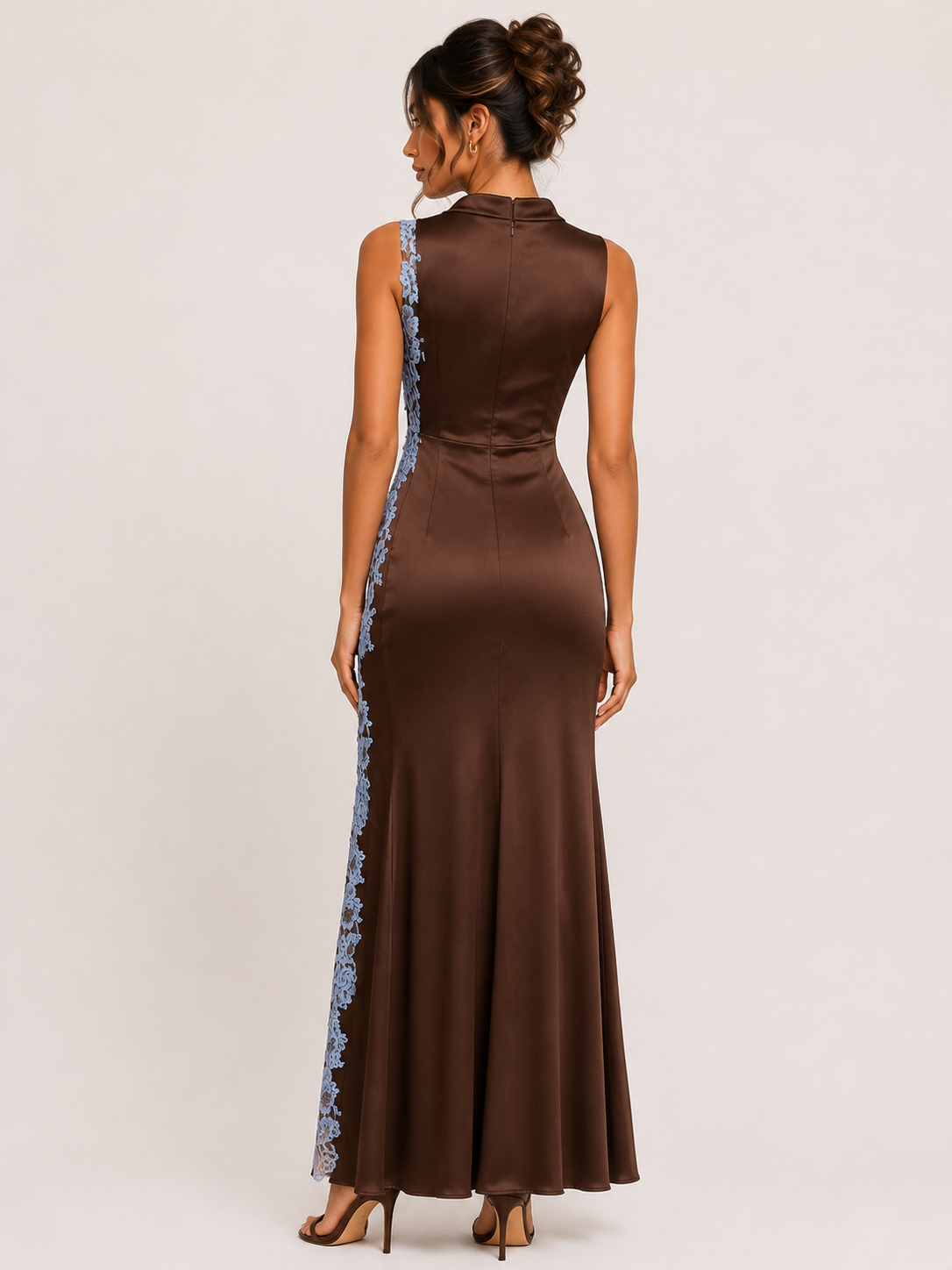 COWL NECK SIDE LACE SATIN DRESS -