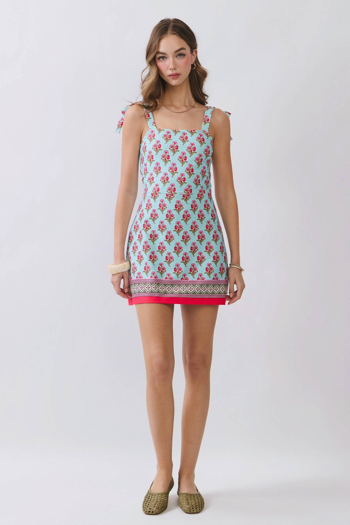 Floral Print Tie Shoulder Mini Dress with Border Hem