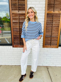 Stripe Raw Edge Drop Shoulder Short Sleeve Sweater