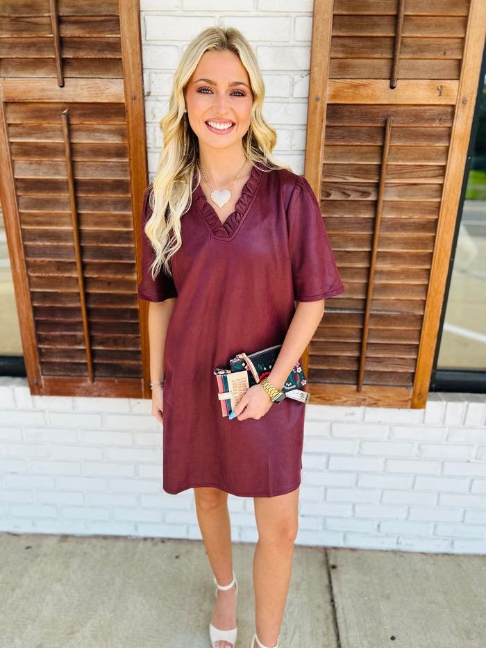 Ruffled V-Neck Solid Faux Leather Shift Dress