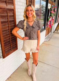 Gingham Plaid Button Top W/ Ruffle Collar And Puff Sleeves