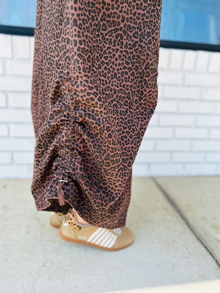 Drawstring Hemline Accent Wide Leg Leopard Jumpsuit