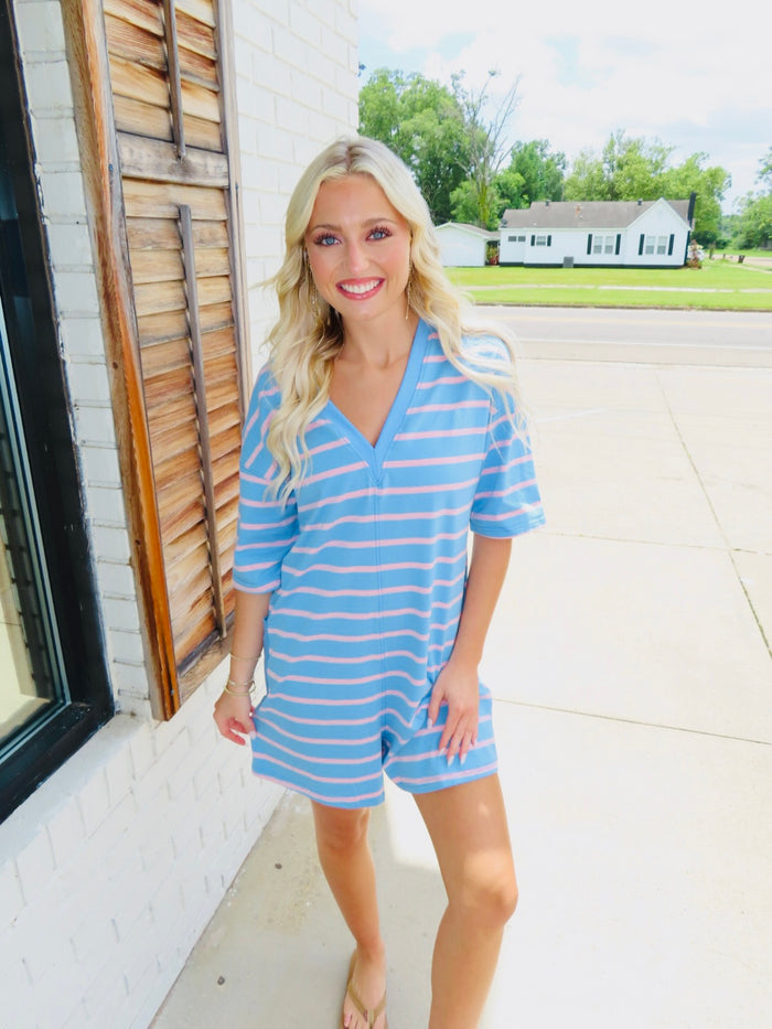 LAS Stripe V Neck Short Sleeve Loose Romper (S-XL)