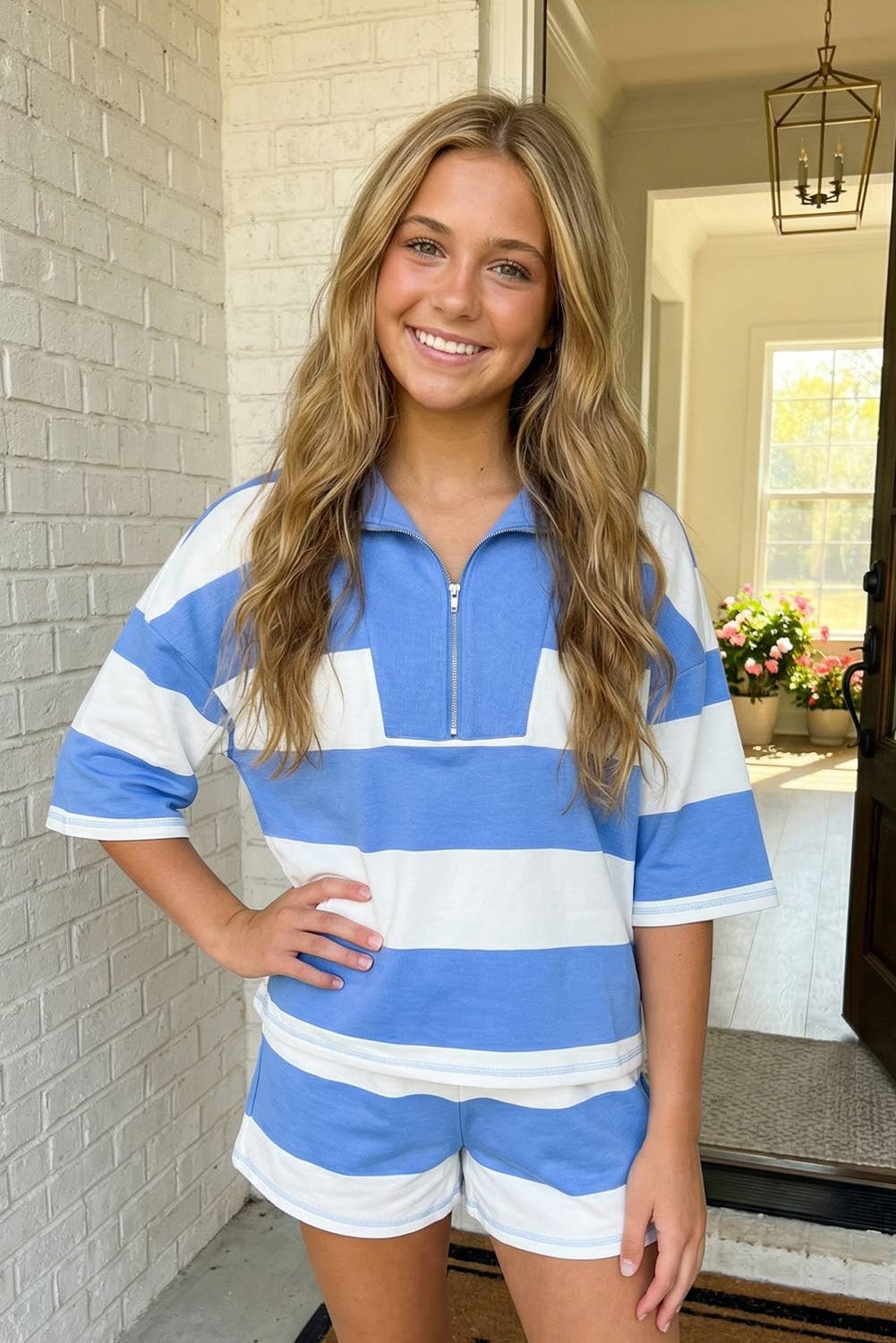 LAS Stripe Seam Half Zip Oversize Tee Shorts Set