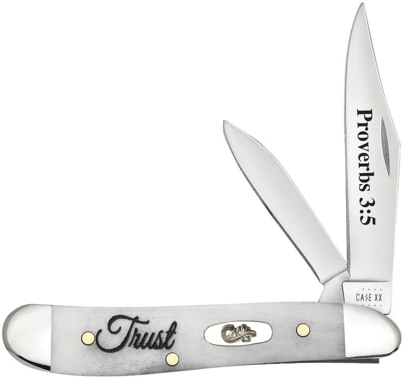 Case Knives - Religious Sayings Trust Embellished Smooth Natural Bone Peanut