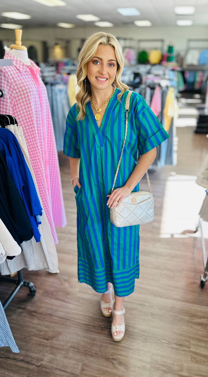 Solid two-tone stripe short sleeve midi dress