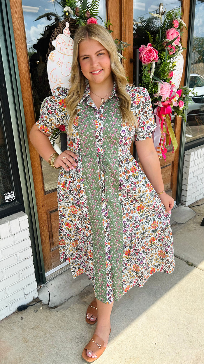 Diamond pattern floral print band cuff midi dress