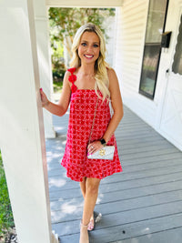 Chainlink Print Babydoll Mini Dress With Floral Lace Strap