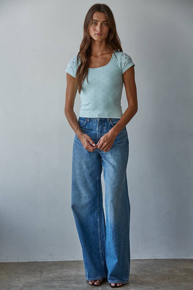 Seamless Eyelet Round Neck Short Sleeve Top
