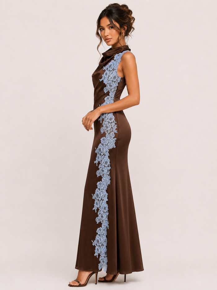 COWL NECK SIDE LACE SATIN DRESS -