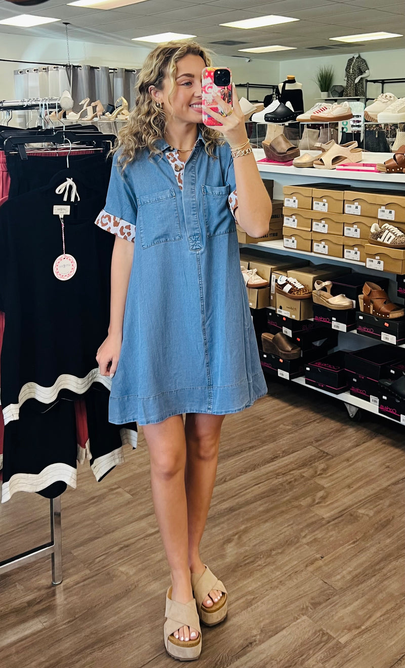 Chambray collar button front mini dress