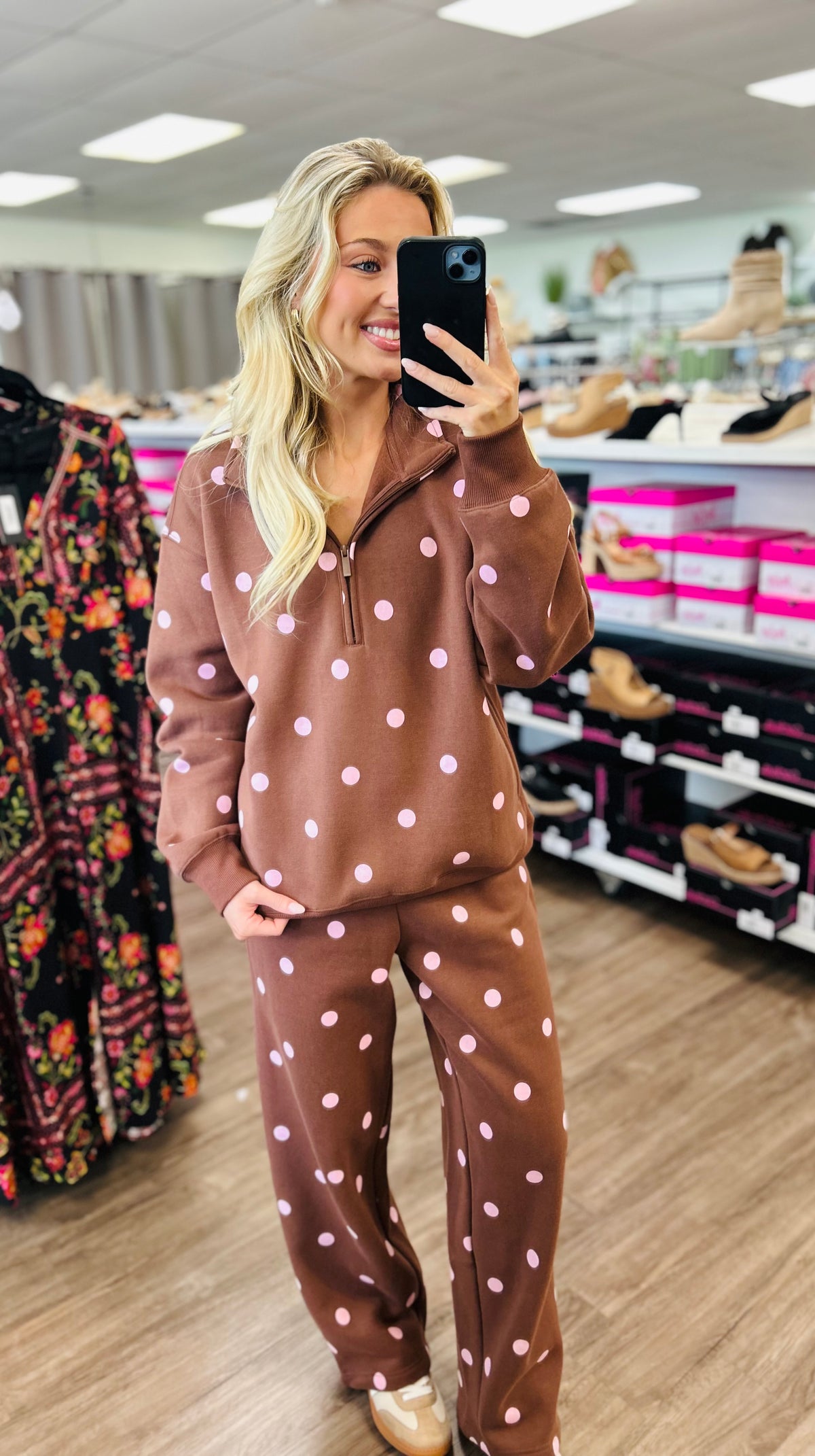 Polka Dot Printed Quarter Zip Fleeced Sweatshirt And Pants