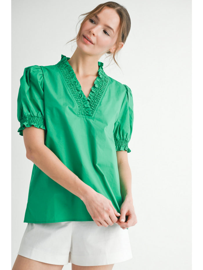 Cotton poplin top with frilled nV-neck,
