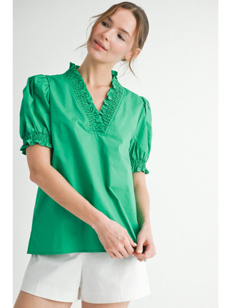 Cotton poplin top with frilled nV-neck,