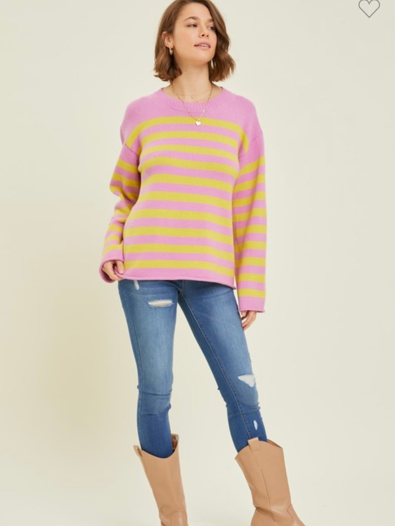 SOFT ROUND NECK SWEATER TOP WITH STRIPES