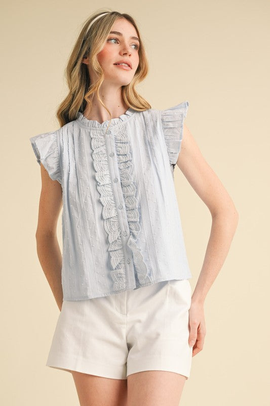 RUFFLE TRIM BUTTON DOWN TOP